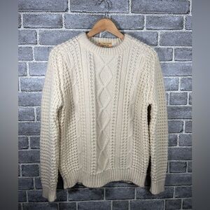 Vintage Irish Aran Fisherman Sweater Lazarus Pure Wool Cable Knit Cream Women L